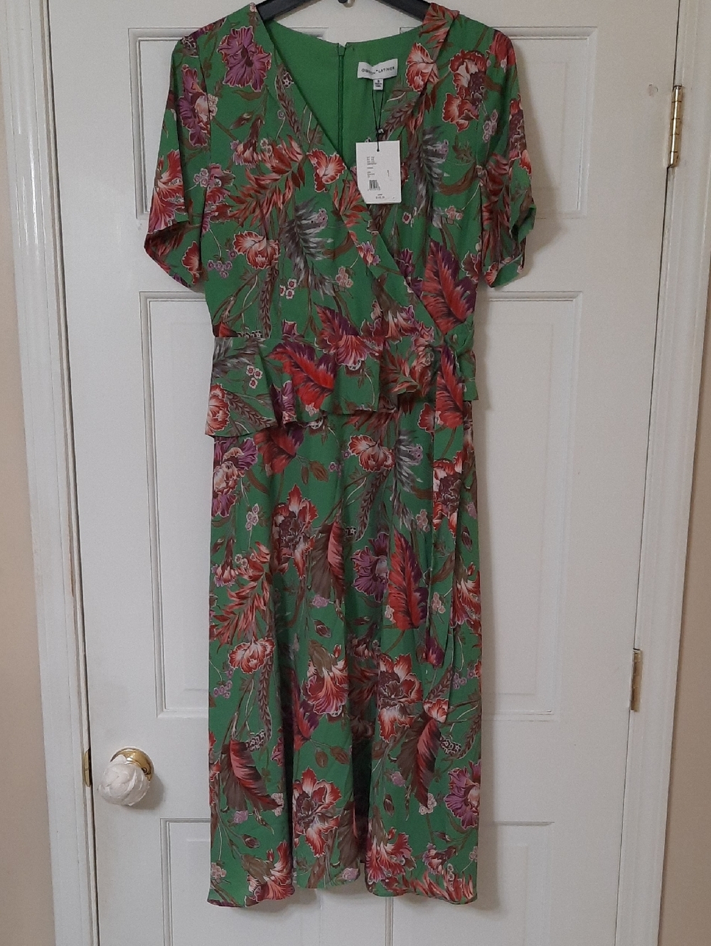 Gibson Green Floral Wrap Dress with Coral Accents